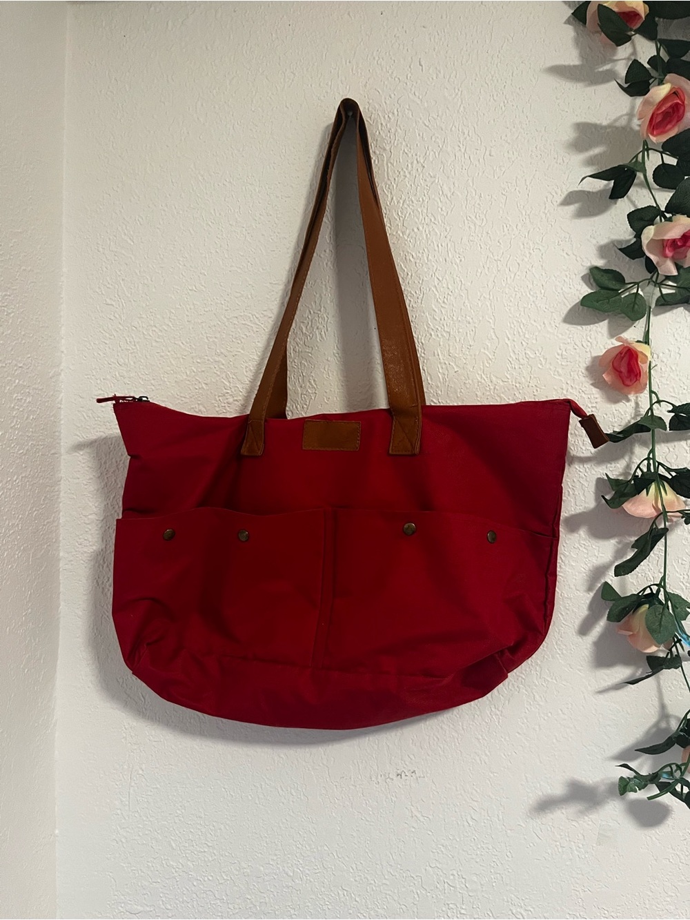 Red Canvas Tote Bag with Brown Straps